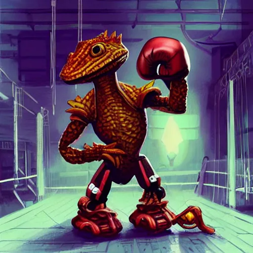 Prompt: “a kobold lizard boxer in a small mech suit, cyberpunk boxing ring”