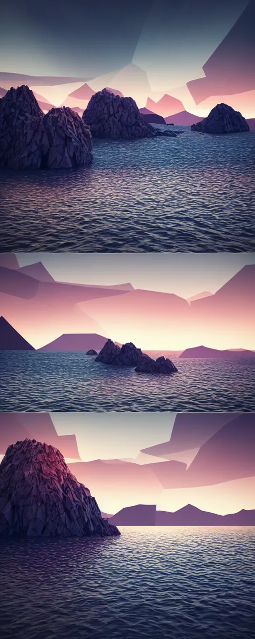 Prompt: super detailed color lowpoly art, northern sunset with rocks on front, monochrome photorealistic bay in the middle of perspective and mountains at background, big graphic ship in random point of bay, unreal engine, high contrast color palette, 3 d render, lowpoly, colorful, digital art, perspective