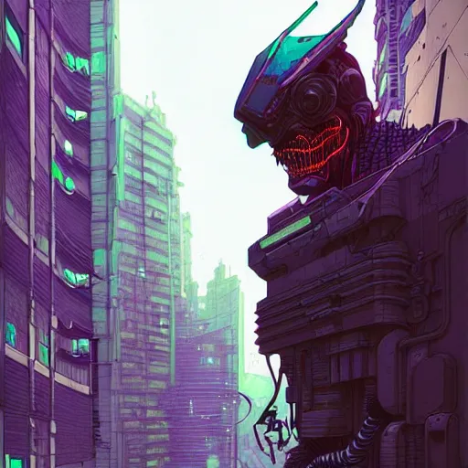 Image similar to A cyberpunk demon cyborg on the street of a cyberpunk city art by Josan Gonzalez, sci-fi, highly detailed, digital painting, artstation, smooth, sharp focus, illustration, concept art by Josan Gonzalez and James Gurney and Mœbius