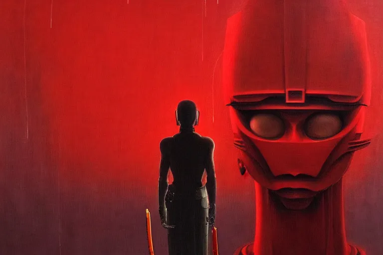 Image similar to only with red, a red cyborg samurai, tokio futuristic in background, some evil yokai, in the style of beksinski, parts by edward hopper, parts by rodcenko, parts by yue minjun, intricate and epic composition, red by caravaggio, insanely quality, highly detailed, masterpiece, red light, artstation, 4 k