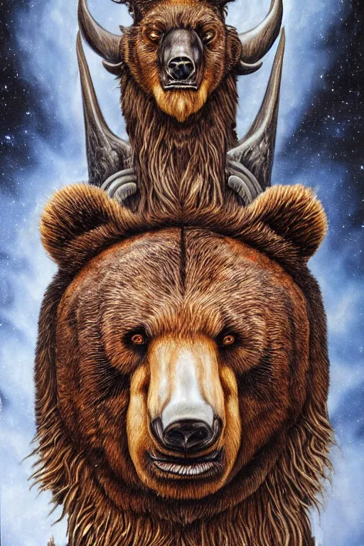 Image similar to sideview waist up portrait of bear baphomet made with porcelain by jeff easley and peter elson, beautiful eyes and face, symmetry face, galaxy, gothic, surreal, dread, highly detailed, intricate complexity, epic composition, magical atmosphere, masterpiece, award winning, trending on artstation