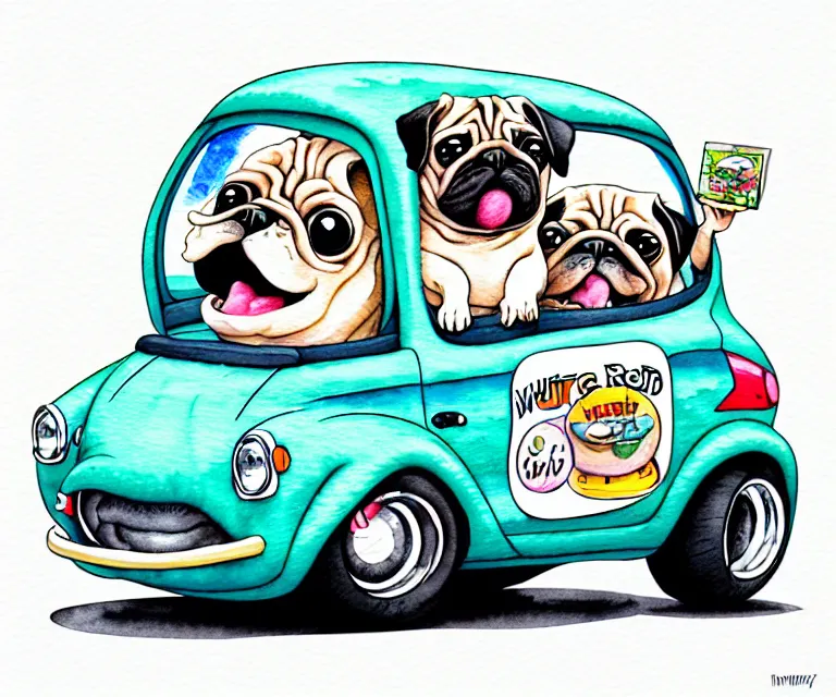 Image similar to cute and funny, pug riding in a tiny hot rod with oversized engine, ratfink style by ed roth, centered award winning watercolor pen illustration, isometric illustration by chihiro iwasaki, edited by range murata, tiny details by watercolor girl, symmetrically isometrically centered