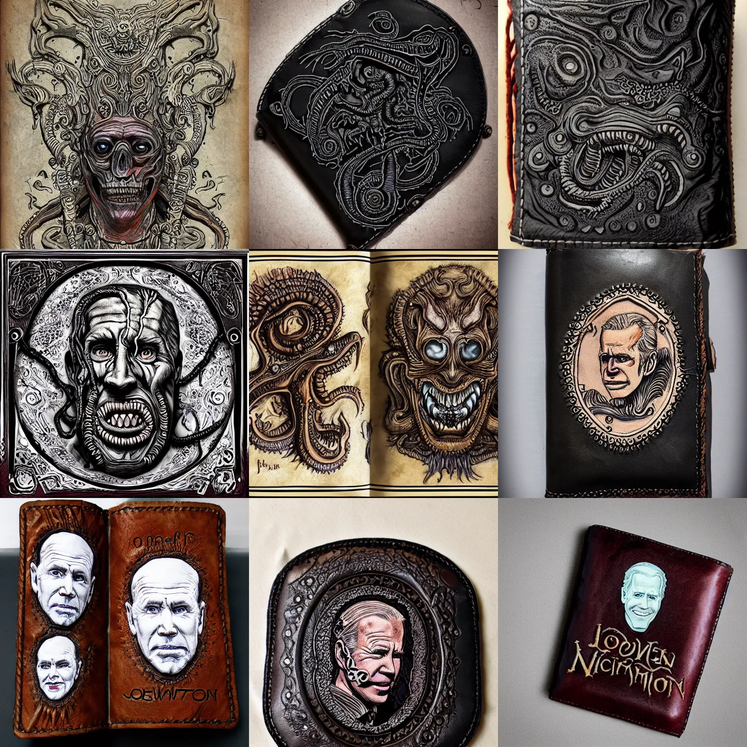 Prompt: lovecraftian (leather made from human skin) necronimicon with joe biden's face stitched onto it, ornate, ancient, tome + concept art, intricate writing, artstation, junji ito