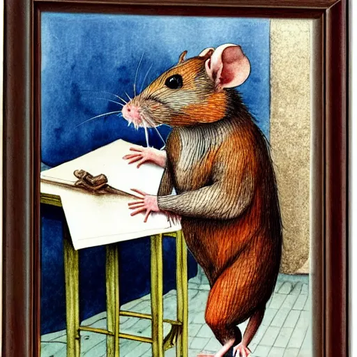 Prompt: a rat is dressed in a suit and stands on the edge of a desk, medium shot, hyper detailed, hyper realistic, by Botticelli, watercolor