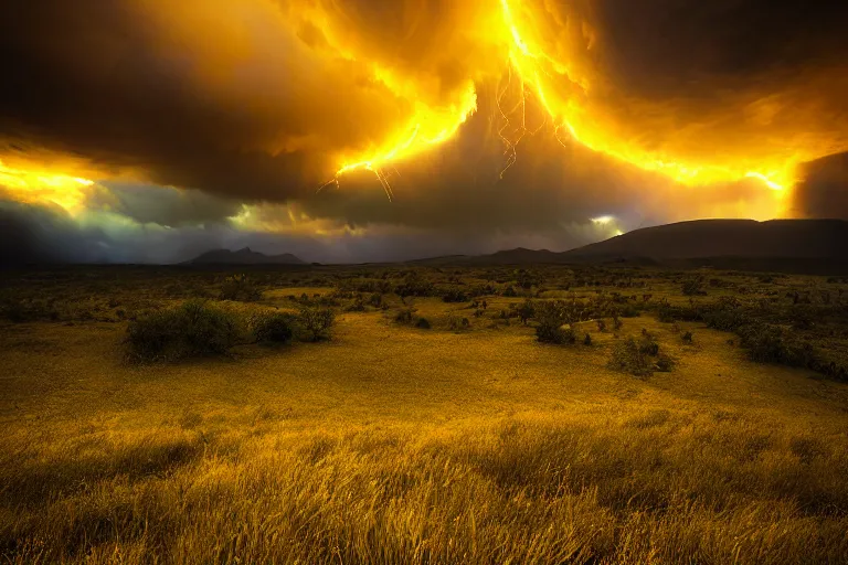 Prompt: yellow gigantic stormcell, landscape photography, sunset, dramatic lighting by Marc Adamus,