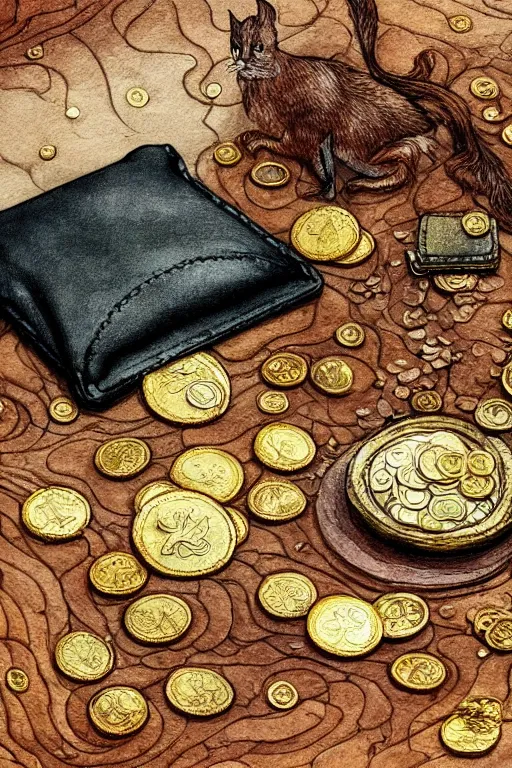 Prompt: leather pouch and scattered gold coins on a wooden table with cozy fireplace in the background, warm lighting, fantasy, intricate, elegant, highly detailed, digital painting, artstation, concept art, matte, sharp focus, illustration, art by kay nielsen and walter crane, illustration style, watercolor