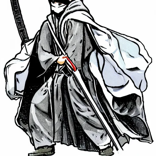 Image similar to a sticker illustration of a man in a grey cloak holding a katana