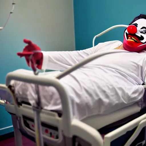 Image similar to laughing clown lying in hospital bed with wrist restraints on, restraint fabric straps attached to hospital bed, photograph, 8 k