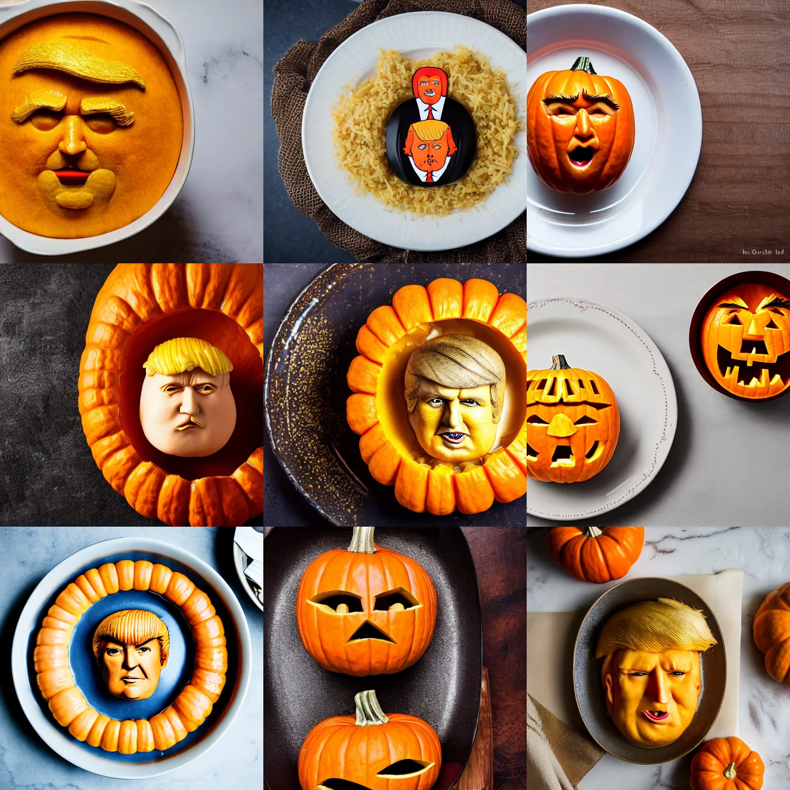 Prompt: pumpkin dish that looks like donald trump, cuisine, top view, sigma 8 5 mm