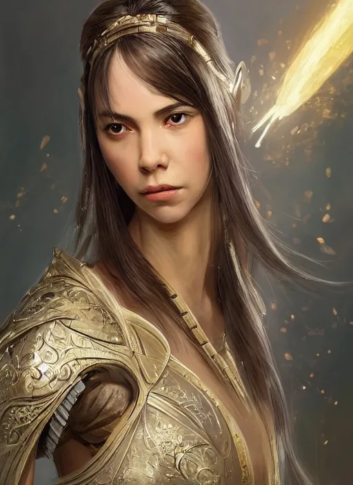 Image similar to a professional portrait of a beautiful young female, clothed in ethereal battle armor, olive skin, long dark hair, beautiful bone structure, symmetrical facial features, intricate, elegant, digital painting, concept art, smooth, sharp focus, finely detailed, illustration, from Valerian and the City of a Thousand Planets, in the style of Ruan Jia and Mandy Jurgens and Artgerm and Greg Rutkowski and William-Adolphe Bouguerea