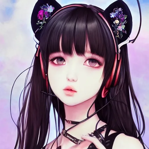 Image similar to realistic beautiful gorgeous natural cute Blackpink Lalisa Manoban black hair fur black cat ears, wearing white camisole summer outfit, headphones, black leather choker, tonemapping artwork drawn full HD 4K highest quality in artstyle by professional artists WLOP, Ayami Kojima, Aztodio, Alphonse Mucha, Taejune Kim, Guweiz on Pixiv Instagram Artstation