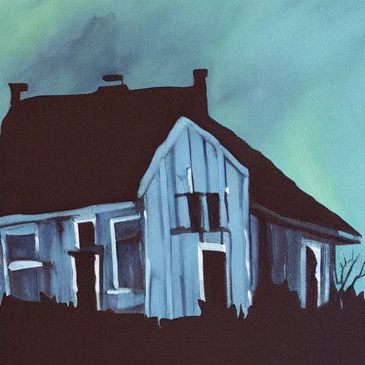 Prompt: a scary painting of a house in an moldy dusty frame