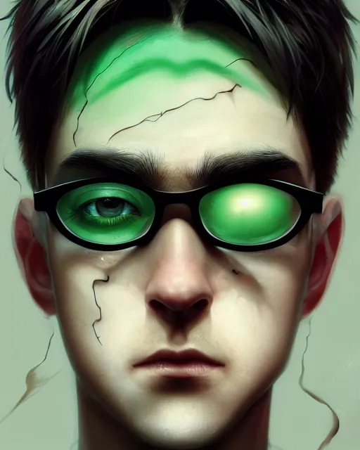 Prompt: boy thin face, black hair, green eyes, round glasses potter, scar on forehead as a bolt of lightning, hyper realistic face, beautiful eyes, character art, art by artgerm lau and wlop and and ilya kuvshinov and john singer sargent, hyperdetailed, symmetrical, cryengine, trending on artstation, digital art