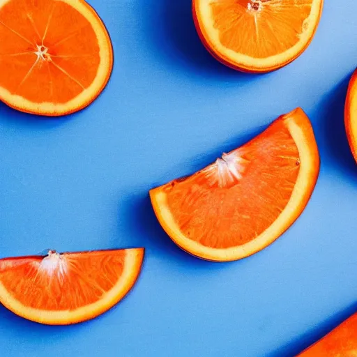 Prompt: a blue orange sliced in half laying on a blue floor in front of a blue wall