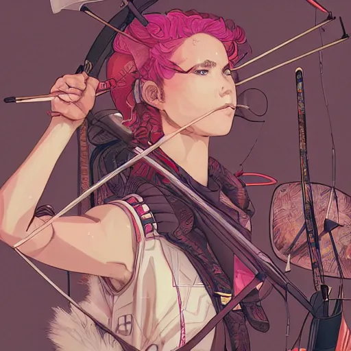 Image similar to close up, attractive sports woman in archery, arrows and bow in action, a grungy cyberpunk anime, very cute, by super ss, curly pink hair, night sky by wlop, james jean, victo ngai, highly detailed