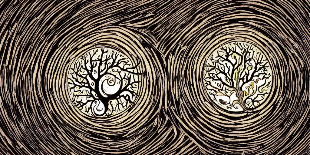 Image similar to tree of life, abstraction, nerves, yin and yang, tranquility, zen,, by yoshitaka aman,