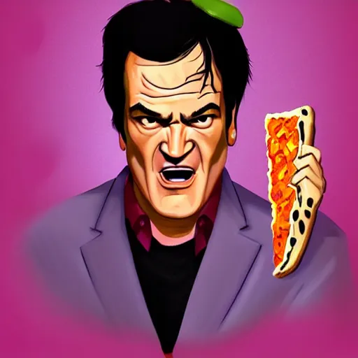 Prompt: pulp portrait colorful of quentin tarantino eating a slice of pizza, illustration, artstation