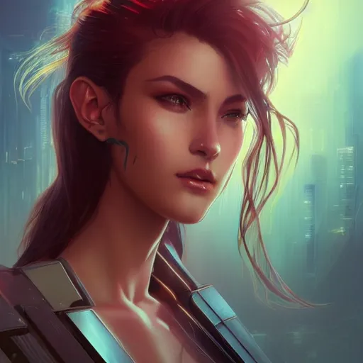 Image similar to beautiful, young woman, cybernetic, cyberpunk, detailed gorgeous face, flowing hair, vaporwave aesthetic, synthwave , digital painting, artstation, concept art, smooth, sharp focus, illustration, art by artgerm and greg rutkowski and alphonse mucha