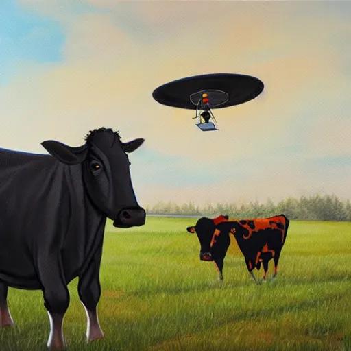 Image similar to a ufo stealing cows, painting