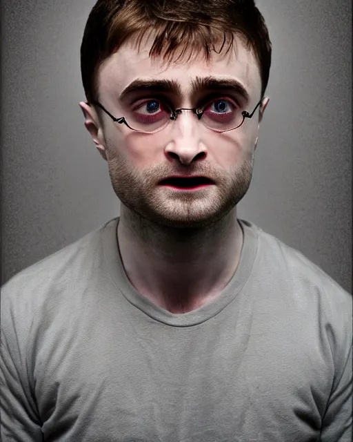 Prompt: prison mugshot of daniel radcliffe with protruding bulging eyes, bright flash, guinness book of world records, low saturation, crazy facial expression, rugged textured face, soft vignette, soft focus, 5 0 mm, 4 k, nypd