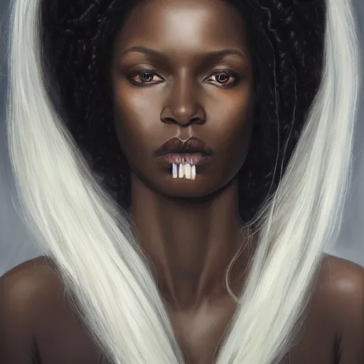 Image similar to a detailed matte oil on canvas head on symmetrical portrait of black skinned woman with! long white hair! and ( ( ( pale greenish ) ) hair, clothed by charlie bowater, lise deharme, wlop, trending on artstationhd, dungeons and dragons art critical role