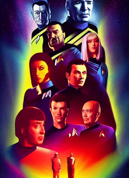 Image similar to Star Trek TNG crew portrait photo, Cyberpunk 2049, highly detailed, pop art poster, vector art, Unreal engine, Octane render, Weta digital, HDRP, RTX, volumetric lighting, poster artwork by Michael Whelan and Tomer Hanuka