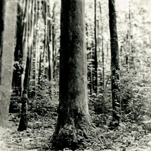 Image similar to lost film footage of a sacred totem, tropical forest, film still, cinematic, out of focus, enhanced, 1 9 2 0 s, black and white, grain