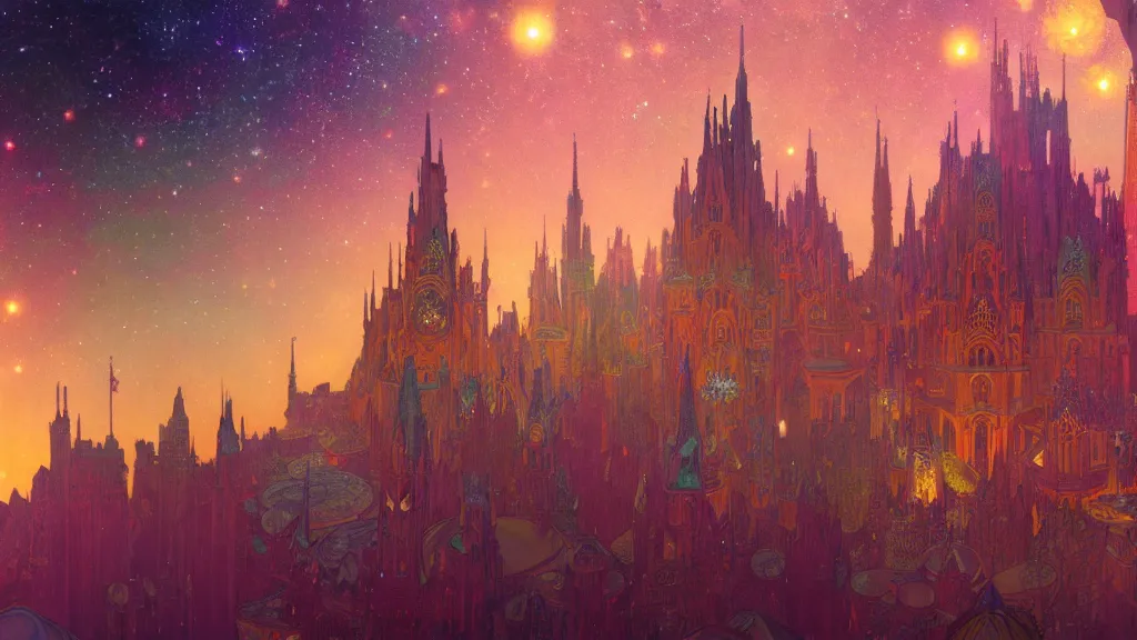 Prompt: a beautiful highly detailed matte painting of colorful castle nebulas by moebius, alphonse mucha, stars in the background, close - up, highly detailed, intricate design, 8 k resolution, octane render, trending on artstation and cgsociety