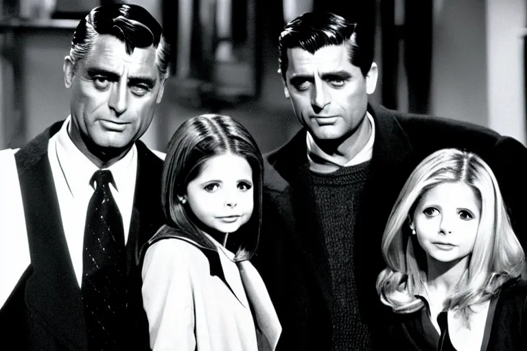 Image similar to cary grant as giles in buffy the vampire slayer, along side sarah michelle gellar 1 9 9 8