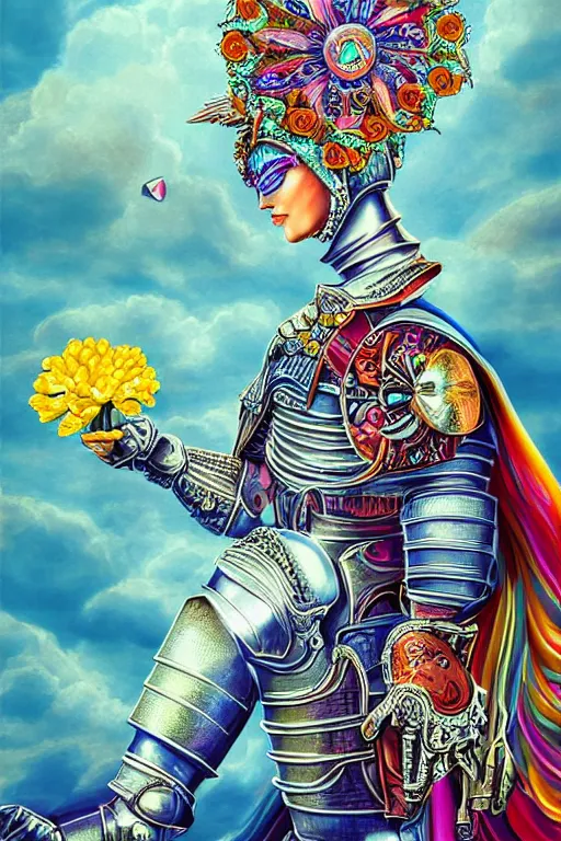 Image similar to colorful retrofuturistic digital airbrush illustration of a knight wearing an ornate chrome headpiece and holding a flower with a landscape and sky in the background by luigi patrignani