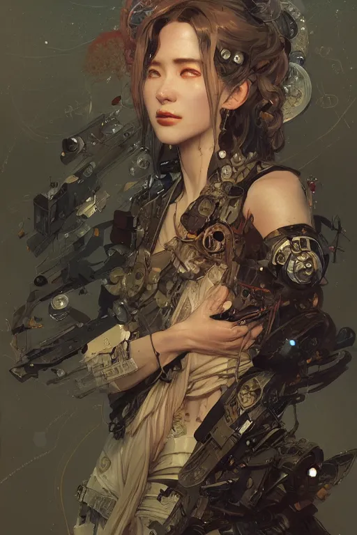 Image similar to A full portrait of a powerful beautiful futuristic dystopian junktown Japanese techromancer sorcerer enchanter, intricate, elegant, highly detailed, digital painting, artstation, concept art, smooth, sharp focus, illustration, art by Krenz Cushart and Artem Demura and alphonse mucha