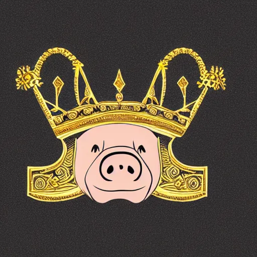 Prompt: pig in a gold crown on a black background, intricate illustration