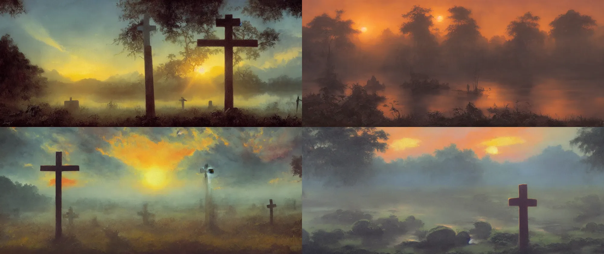 Prompt: single cross in moody foggy graveyard in lake in jungle with backlight , sunset oil painting panorama by frazetta