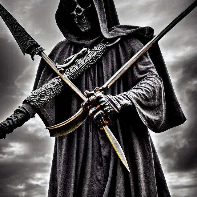 Image similar to armoured grim reaper with ornate scythe, highly detailed, 4 k, hdr, close up, portrait, smooth, sharp focus, high resolution, award - winning photo