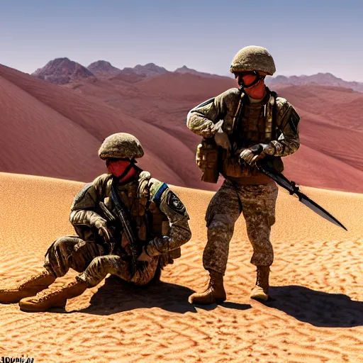 Image similar to two soldiers are combing the desert using a large comb, high definition, beautiful award winning photography, 8 k.