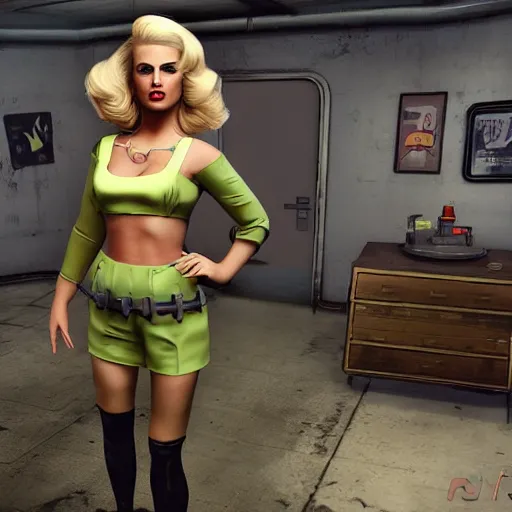 Prompt: nuclear age blonde pinup in the style of Fallout 4, 3D game art