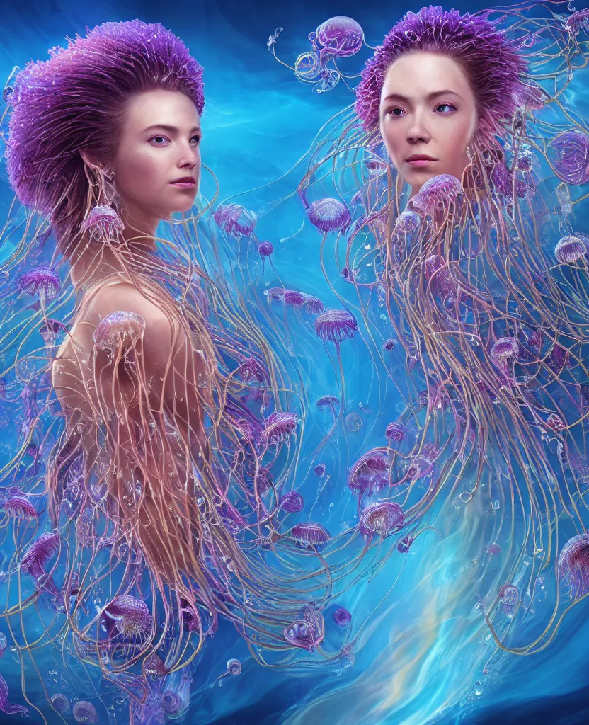 Image similar to close-up portrait of the face of a beautiful princess, surrounded by intricate twisted flowers orchid jellyfish and energy flow, water and plasma flow splashes, epic angle and pose, symmetrical artwork, 3d with depth of field, blurred background, floating jellyfish skull phoenix bird, translucent, nautilus, energy flows of water and fire. a highly detailed epic cinematic concept art CG render. made in Maya, Blender and Photoshop, octane render, excellent composition, cinematic dystopian brutalist atmosphere, dynamic dramatic cinematic lighting, aesthetic, very inspirational, arthouse. y Greg Rutkowski, Ilya Kuvshinov, WLOP, Stanley Artgerm Lau, Ruan Jia and Fenghua Zhong