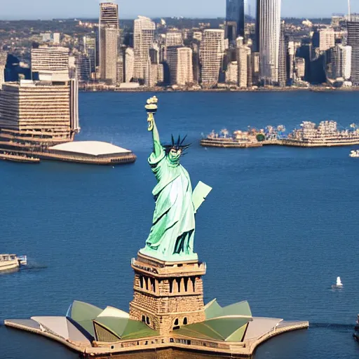 Image similar to a photo of the statue of liberty and the sydney opera house standing next to each other, high quality, 4 k, handheld, photorealistic