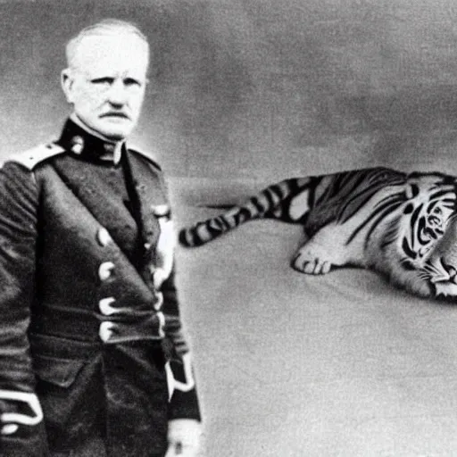 Image similar to an old photo of a general with a tiger's head