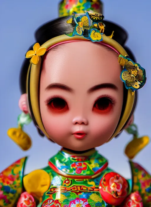 Image similar to closeup profile portrait of tin toy china cheongsam girl, bikini, depth of field, zeiss lens, detailed, symmetrical, centered, fashion photoshoot, by nicoletta ceccoli, mark ryden, lostfish, breathtaking, 8 k resolution, extremely detailed, beautiful, establishing shot, artistic, hyperrealistic, octane render