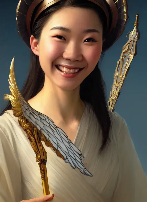 Image similar to Close-up portrait of smiling young asian woman wearing a winged helmet and a robe, holding a magic staff, portrait, highly detailed, digital painting, artstation, concept art, sharp focus, illustration, art by artgerm and greg rutkowski and alphonse mucha