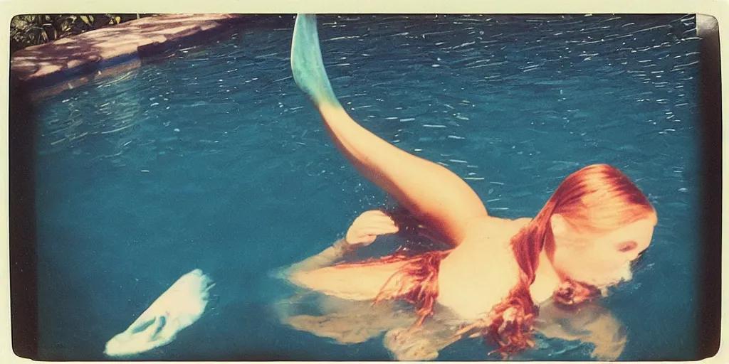 Prompt: “a mermaid in pool in a backyard, slightly burn-damaged polaroid photograph, circa 1997”