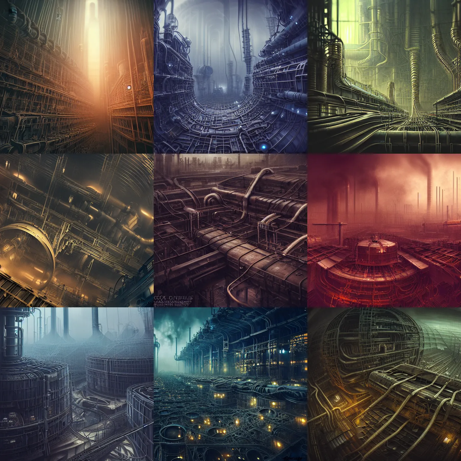 Image similar to futuristic dystopian endless, intricate, complex, labyrinthine, byzantine, tangled, industrial megafactory complex, smokestacks, pipelines and ducts and vents, matte painting, steampunk, smoke, night, gloomy, dark, dramatic, cinematic, volumetric lighting, gods eye view