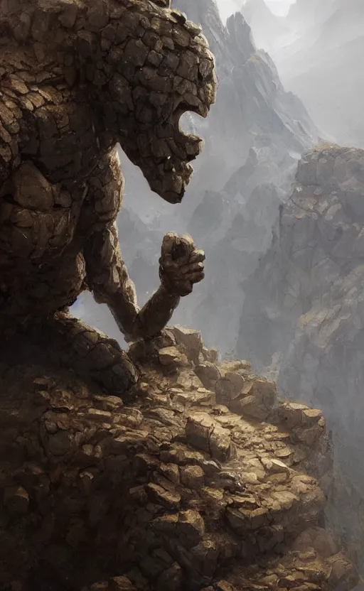 Image similar to a stone golem hitting a mountain with his fist, greg rutkowski, 8 k, shallow depth of field, intricate detail, concept art,