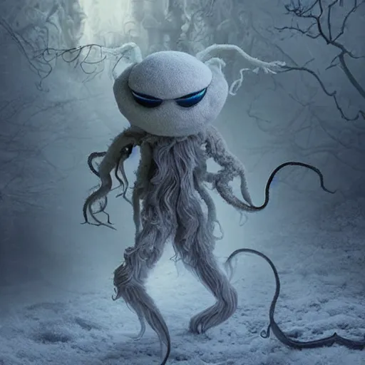 Image similar to a cute but unnerving fluffy humanoid ethereal ghost like live action muppet wraith like alien figure with a squid like parasite taking over its head and four long tentacles for arms that flow gracefully at its sides like a cloak while it floats around the frozen woods searching for lost souls and that hides amongst the shadows in the trees, this character can control the ice and snow and has mastery of the shadows, it is known as the bringer of nightmares, it is a real muppet by sesame street, photo realistic, real, realistic, felt, stopmotion, photography, sesame street