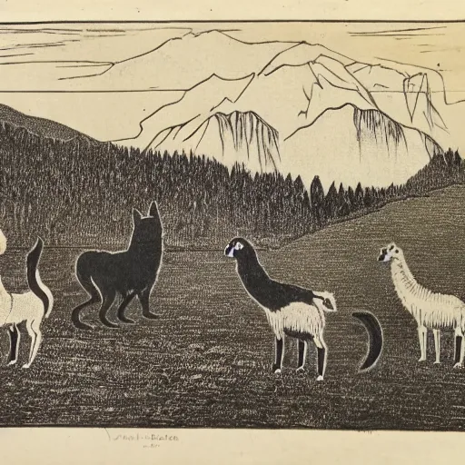 Image similar to 19th century woodcut, two black cats, llama, watching farmers in the distance, in the Andes