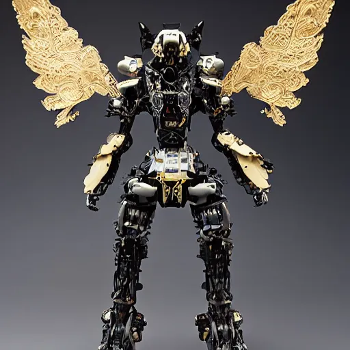 Prompt: realistic combat mech, carved black marble mechanical exoskeleton wearing hardsurface armour, inlaid with obsidian and gold accents, ivory rococo, wings lace wear, sculpted by spider zero, frank gehry, jeff koons, bandai box art