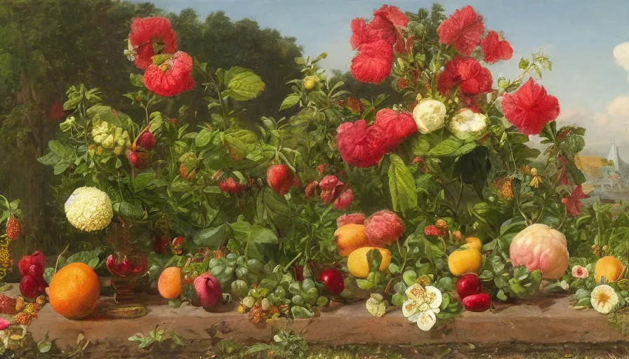 Image similar to perfume bottle in a garden of glorious bounty of summer fruits and flowers, by william mason brown