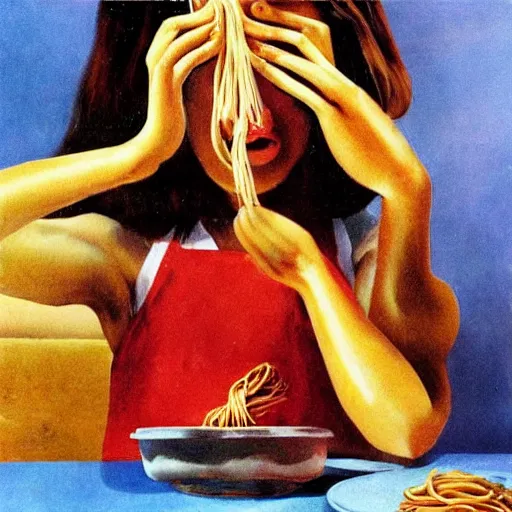 Image similar to girl eats spaghetti and crying spaghetti, style of Salvador Dali