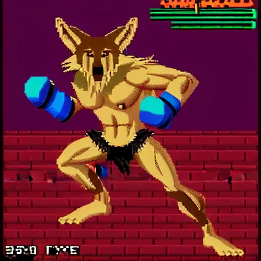 Prompt: full body antropomorphic muscular masculine wolf. kickboxer. wolf head. furr. 1 6 bit sega graphics. retrowave